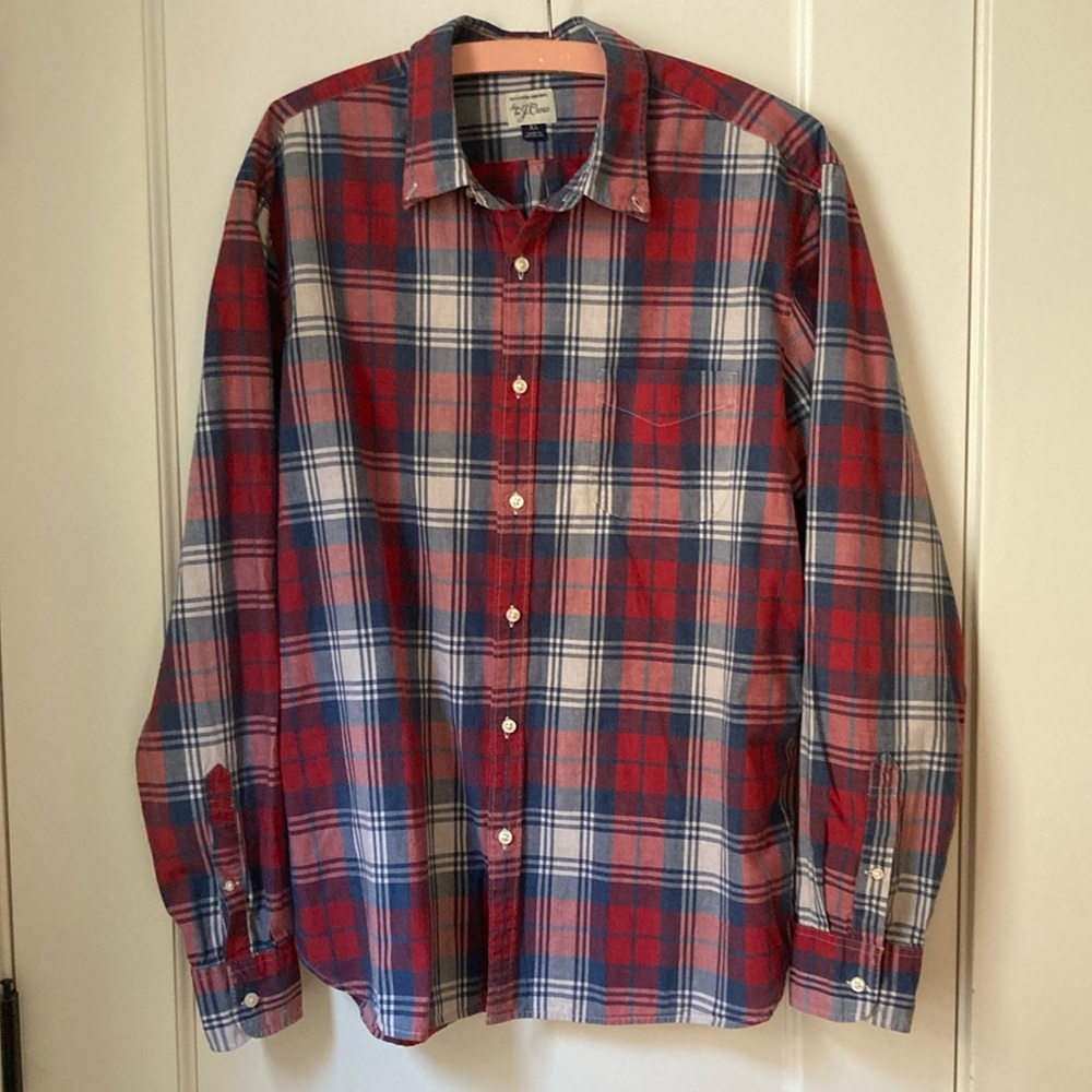 J Crew Cotton Button Down Red White Blue Plaid Sz XL
